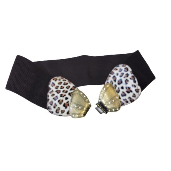 Butterfly Buckle Stretch Belt Animal Print Antique Gold Tone Buckle Brown Cream - Picture 3 of 16